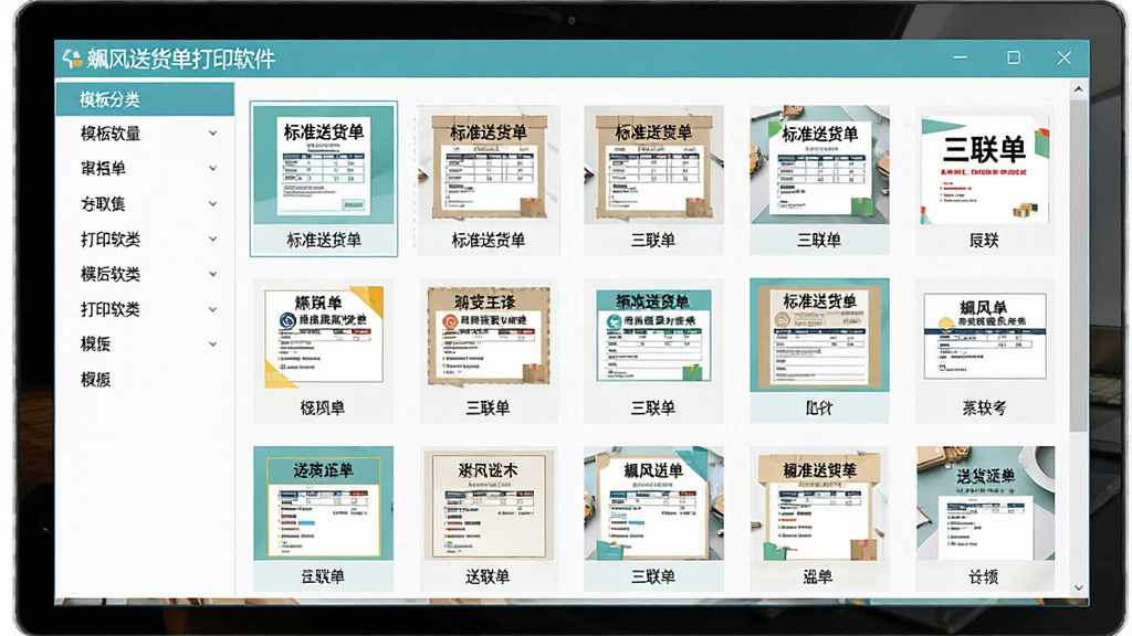 主体:飚风送货单打印软件的模板选择界面,屏幕上展示多种送货单模板缩略图;布局:软件窗口居中,左侧为模板分类列表,右侧为模板预览区;排版:界面整洁,模板缩略图排列整齐;风格:扁平化UI设计,色彩清新;细节:屏幕上方显示