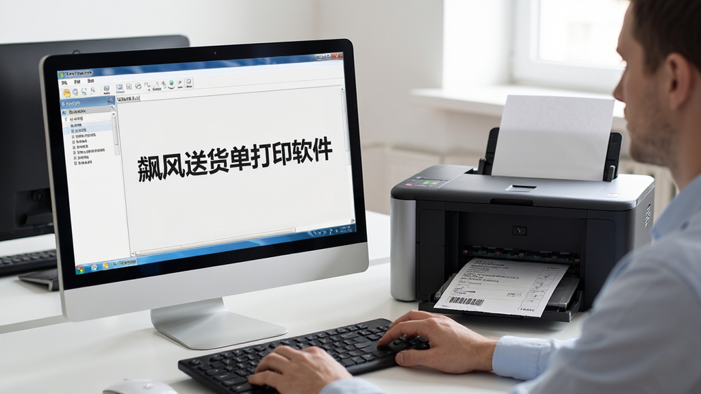 主体:用户正在操作电脑上的飚风送货单打印软件,旁边有一台打印机正在输出送货单;布局:电脑屏幕显示软件主界面,打印机在旁边,纸张从出纸口伸出;排版:画面平衡,办公环境;风格:写实,自然光;细节:电脑屏幕上有