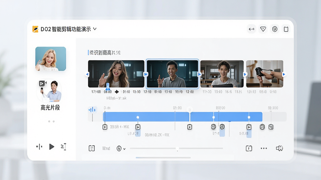 绘声绘色-D2智能剪辑功能演示图,展示自动识别高光片段并生成集锦的时间线界面,界面明亮,图标清晰,画质细腻,无多余元素