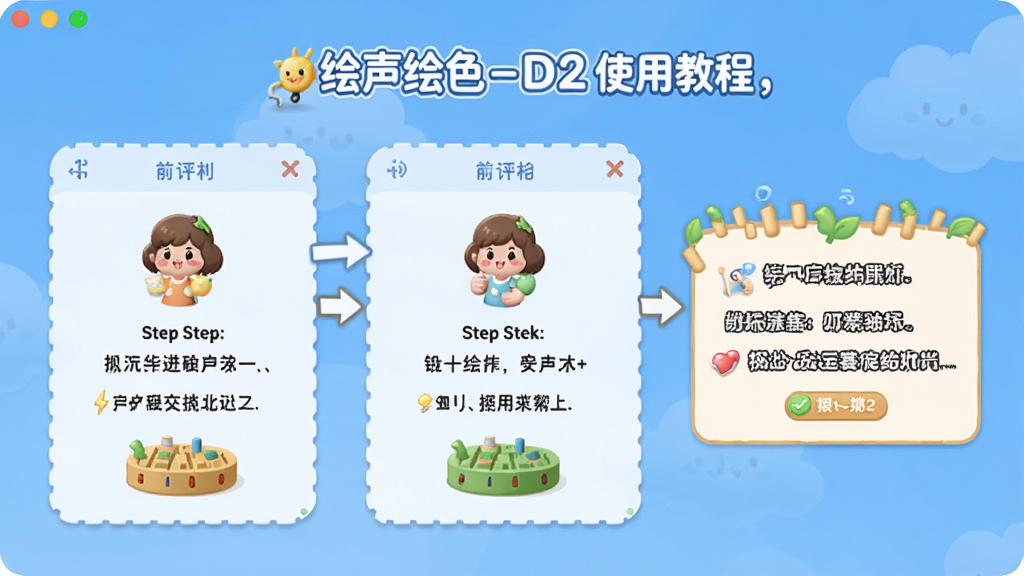 绘声绘色-D2使用教程界面,展示软件操作步骤和提示框,教学风格,界面友好,画质清晰,干净无多余元素