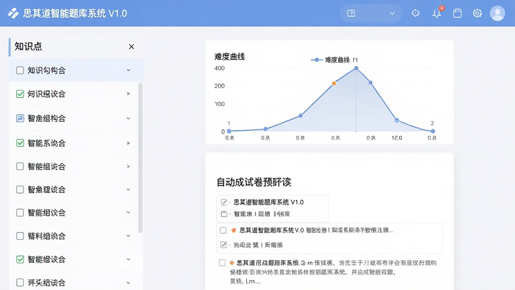思其道智能题库系统V1.0智能组卷界面,左侧为知识点勾选面板,右侧为自动生成的试卷预览,试卷上方显示难度曲线图,界面扁平化设计,色彩柔和,文字清晰,画质干净