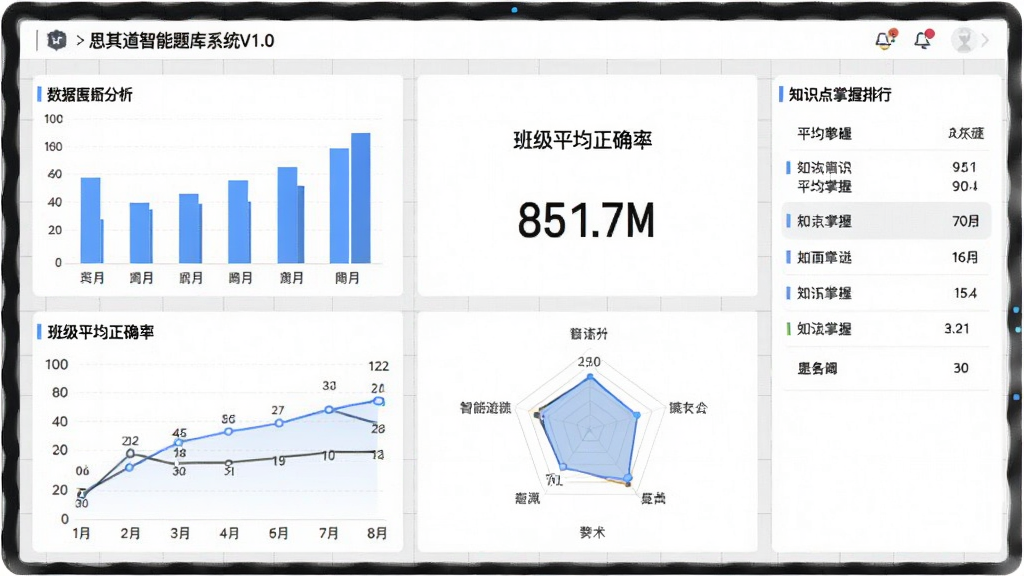 思其道智能题库系统V1.0数据分析图表界面,包含柱状图、折线图和雷达图,背景为浅灰色网格,中间显示班级平均正确率,右侧为知识点掌握排行,整体风格简约商务,画质干净,无多余元素