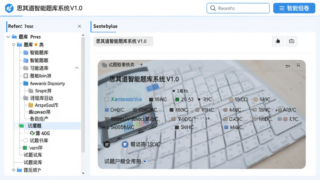 思其道智能题库系统V1.0主界面截图,左侧为题库树形分类目录,右侧为试题预览编辑区,顶部为搜索和智能组卷按钮,整体采用蓝白配色,布局清晰,画质干净,无多余元素