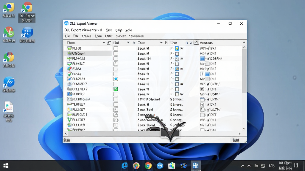 主体:DLL Export Viewer软件运行在Windows 11系统上的截图,窗口展示函数列表,背景为桌面壁纸。布局:软件窗口居中,周围有桌面图标。排版:窗口内表格清晰,菜单栏可见。风格:真实场景,自然光效。细节:窗口标题栏显示当前文件路径,状态栏显示“就绪”。画质:高清,干净,无多余元素。