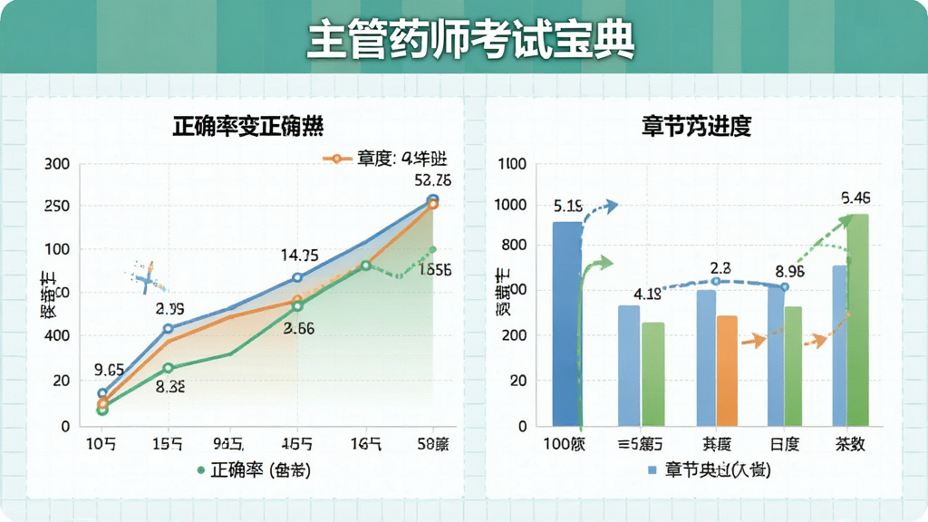 一张“主管药师考试宝典”学习进度统计图表截图,包含折线图与柱状图,展示正确率变化与章节进度,背景为浅色网格,图表配色清新,细节丰富,画质干净,无多余元素