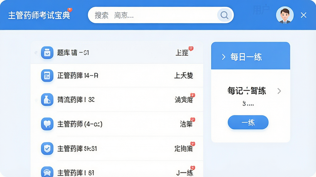一张展示“主管药师考试宝典”软件主界面的高清截图,画面中央是清晰的题库列表与每日一练入口,上方有搜索栏与用户头像,整体布局简洁明快,以蓝色和白色为主色调,图标圆润,画质清晰,干净无多余元素