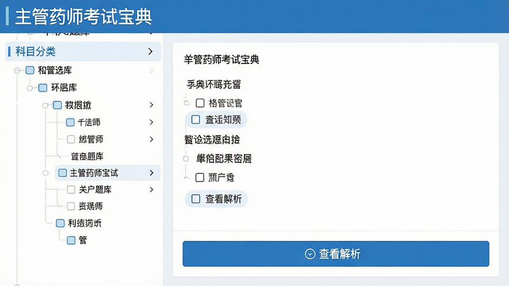 一张“主管药师考试宝典”智能题库界面预览图,左侧是科目分类树形菜单,右侧展示单项选择题与选项,下方有“查看解析”按钮,界面采用蓝白配色,字体清晰,布局规整,画质高清,干净无多余元素