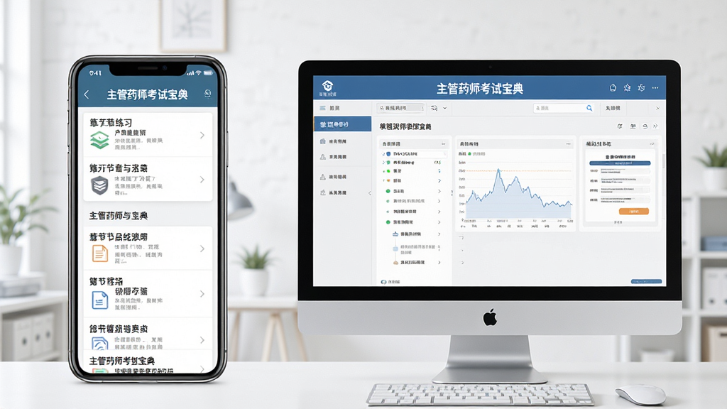 一张“主管药师考试宝典”手机端与电脑端使用对比场景图,左侧是手机竖屏显示章节练习列表,右侧是电脑屏幕显示模拟考场界面,画面整洁明亮,设备风格现代,画质高清,干净无多余元素