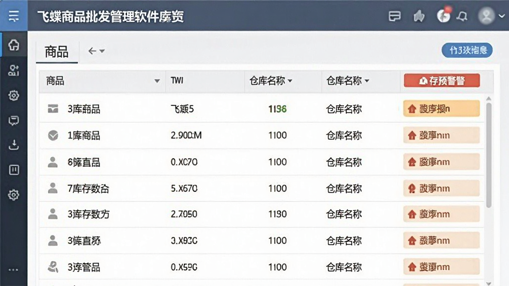 一张飞蝶商品批发管理软件库存管理功能预览图,界面显示商品列表、库存数量、仓库名称和预警提示,数据表格清晰,布局整齐,风格简洁商务,画质干净,无多余元素。
