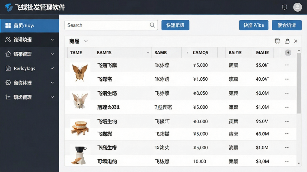 一张展示飞蝶商品批发管理软件主界面的高清截图,界面包含左侧功能导航栏、中部商品列表表格、顶部搜索与快捷操作按钮,整体布局简洁,数据清晰,风格专业商务,画质干净,无多余元素。