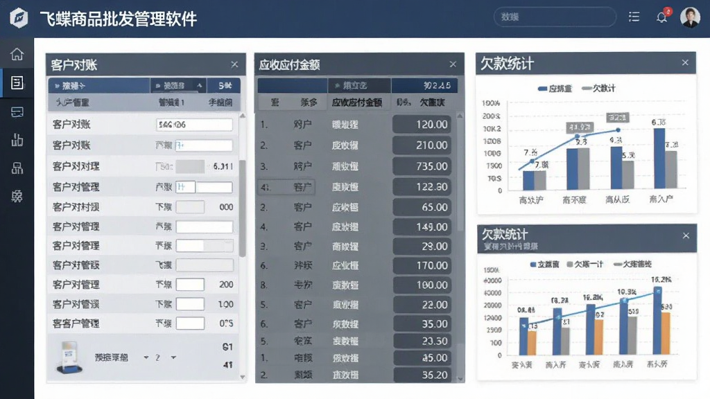 一张飞蝶商品批发管理软件往来账务管理功能预览图,界面显示客户对账列表、应收应付金额、欠款统计图表,数据清晰,布局专业,风格商务大气,画质干净,无多余元素。