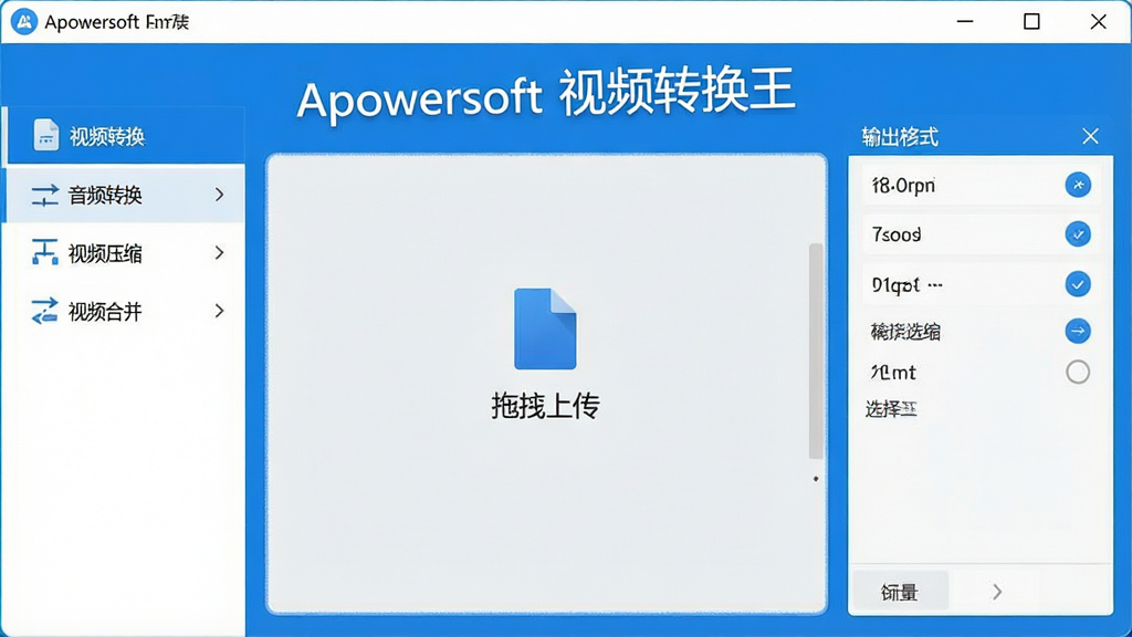 一张展示Apowersoft视频转换王软件主界面的高清截图,界面布局简洁,左侧功能列表包含视频转换、音频转换、视频压缩、视频合并等选项,中央区域为文件拖拽上传区,右侧为输出格式选择面板,整体采用蓝白配色,风格现代,画面干净清晰,突出“Apowersoft视频转换王”字样,画质细腻,无多余元素。