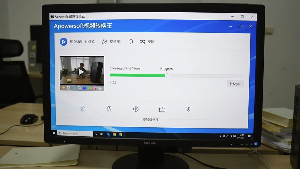 一张展示Apowersoft视频转换王在电脑上运行的实拍图,屏幕中显示软件主界面,正在进行视频转换任务,进度条已过半,周围环境为办公桌,画面真实自然,突出“Apowersoft视频转换王”的实用场景,画质清晰,无多余元素。