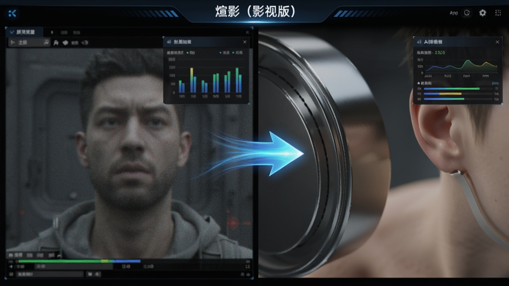 主体为“渲影(影视版)”的渲染进度对比界面,左侧是传统渲染的噪点模糊画面,右侧是同场景经AI降噪后的清晰逼真效果。布局采用左右分割对比形式,中间有动态流动的光效箭头指向右侧。排版风格为科技感UI界面,带有数据图表与性能监控浮窗。细节展示右侧画面中金属材质的反射细节与皮肤次表面散射效果,画质极致清晰,无多余元素。