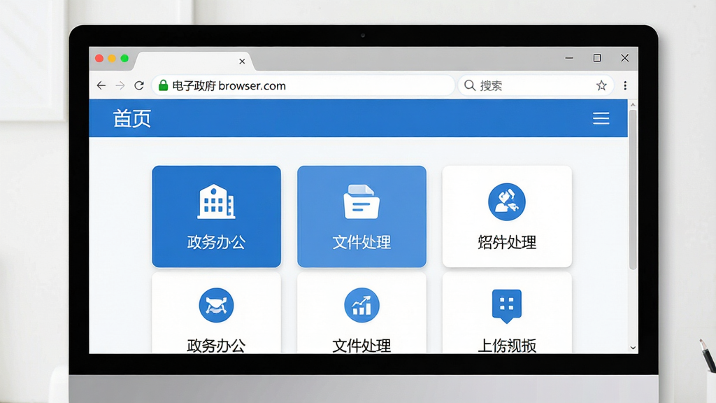 主体:一款设计简洁、界面清爽的电子政务浏览器软件界面,显示在电脑屏幕上。布局:界面中央是主页导航,包含“政务办公”、“文件处理”等模块图标,顶部有地址栏和搜索框,整体布局清晰有序。排版:采用标准的浏览器布局,功能图标整齐排列,颜色以蓝色和白色为主,体现专业与信任感。风格:扁平化设计,现代科技感,界面干净明亮。细节:浏览器窗口边缘有细微的阴影效果,地址栏显示一个安全锁图标,表明连接安全。画质:高清,干净,无多余元素。
