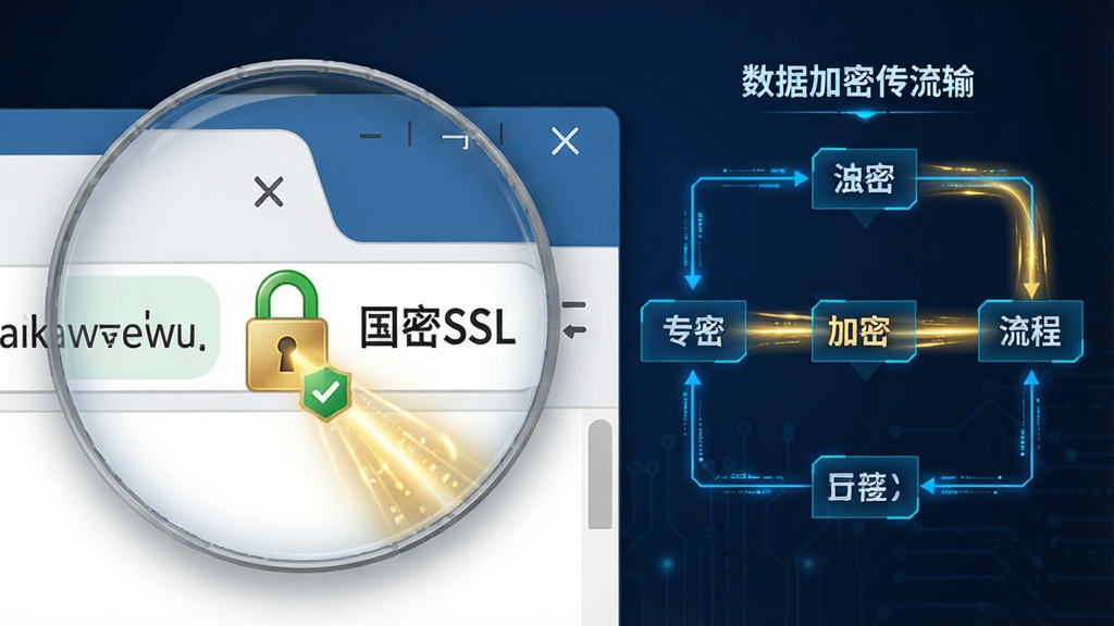 主体:一个放大的电子政务浏览器安全连接界面,重点展示地址栏的“安全锁”图标和“国密SSL”字样。布局:画面左侧为浏览器窗口的局部特写,右侧以图文形式展示数据加密传输的流程图。排版:左侧界面清晰,右侧流程图步骤分明,使用蓝色科技感线条连接。风格:写实与科技感结合,透出专业与严谨。细节:安全锁图标带有绿色认证标识,数据流以金色光束表示加密通道。画质:高清,干净,无多余元素。