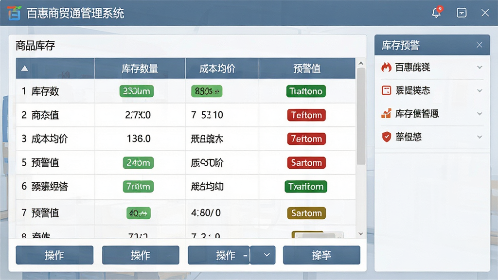 主体:百惠商贸通管理系统的商品库存管理界面;布局:中心为商品库存列表,右侧显示库存预警信息,底部为操作按钮;排版:表格数据清晰,状态标签醒目;风格:商务简洁,蓝灰色调,专业感强;细节:界面有“百惠商贸通管理系统”标题,库存数量、成本均价、预警值等列;画质:清晰锐利,干净整洁,无多余元素