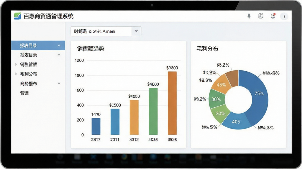 主体:百惠商贸通管理系统的财务分析图表界面,包含柱状图与饼图;布局:顶部为时间筛选器,左侧为报表目录,右侧为图形展示区;排版:图表配色协调,数据标签清晰;风格:现代商务数据可视化风格,浅色背景;细节:图表上方有“百惠商贸通管理系统”字样,展示销售额趋势与毛利分布;画质:高清,专业,干净,无多余元素