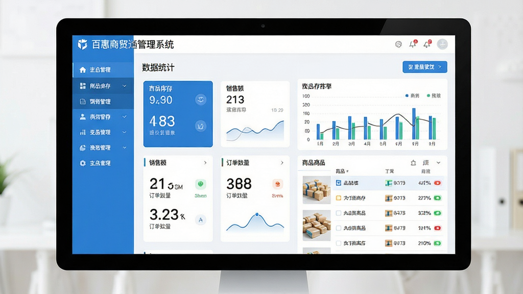 主体:百惠商贸通管理系统软件主界面展示,电脑屏幕上清晰显示进销存管理看板;布局:左侧功能导航栏,右侧数据统计图表与商品列表;排版:现代化商务软件界面,信息层级分明;风格:扁平化设计,蓝白主色调,简洁明亮;细节:屏幕中突出显示“百惠商贸通管理系统”字样,有商品库存、销售额、订单数量等数据卡片;画质:高清,干净,无多余元素