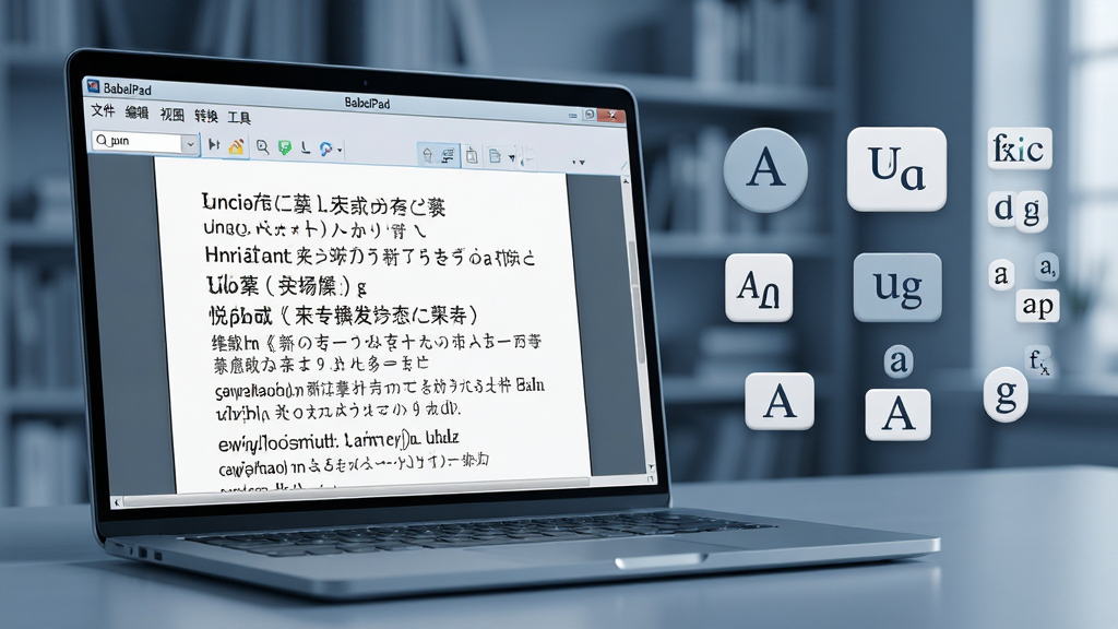 主体:一台运行着BabelPad软件的现代笔记本电脑,屏幕上显示着多种语言文字混排的文档界面。布局:电脑位于画面中央偏左,右侧留白处悬浮着Unicode字符集图标与各种语言字母符号。排版:前景清晰对焦软件界面,背景虚化的书房环境。风格:写实科技感,色调蓝灰为主,简洁明亮。细节:软件窗口标题栏显示“BabelPad”,菜单栏包含“文件、编辑、视图、转换、工具”等,文本区域可见中英日韩多行字符。画质:超高清,干净,无多余元素。