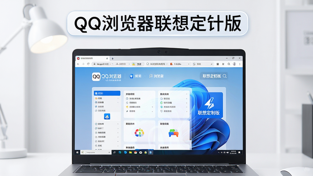 主体:QQ浏览器联想定制版界面展示,一台联想笔记本电脑屏幕中显示浏览器主界面,带有QQ浏览器品牌标识和“联想定制版”字样,布局:居中构图,电脑位于画面中央,背景简洁,排版:文字标签“QQ浏览器联想定制版”置于图片上方,风格:科技感、干净明亮,细节:屏幕内容清晰显示多功能导航页和极速加载标识,画质:高清渲染,干净,无多余元素