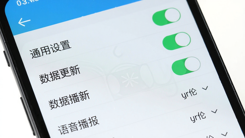 主体为手机屏幕显示设置界面,菜单项包含“通用设置”、“数据更新”、“语音播报”等,背景为浅色系,布局列表形式,采用扁平化设计,细节包括开关按钮和单位选择,画质干净,无多余元素
