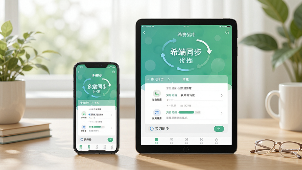 一张展示希赛医卫题库APP多设备使用场景的示意图,主体为手机和平板并排放置在桌面上,屏幕均显示同步的学习进度界面,布局平衡,风格清新自然,细节体现“多端同步”功能,画质干净无多余元素。