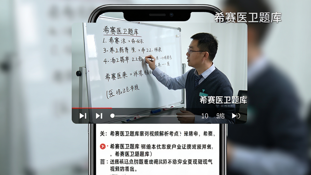 一张希赛医卫题库APP的视频解析功能界面预览图,主体为手机播放讲解视频的画面,视频内老师正在白板上书写考点,布局为上下结构,上方视频窗口下方文字笔记,风格专业严谨,细节标注“希赛医卫题库”水印,画质高清。