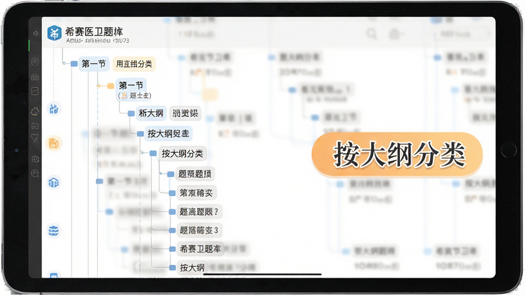 一张希赛医卫题库APP的智能分类功能预览图,主体为平板电脑展示的题库分类树状图,布局层次分明,排版将章节名称与题目数量并列显示,风格清爽简约,细节突出“按大纲分类”字样,画质干净无多余元素。