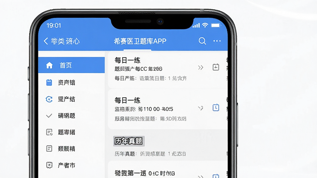 一张展示希赛医卫题库APP核心界面的高清产品预览图,主体为手机屏幕内的题库列表页面,布局清晰,左侧分类导航,右侧题目列表,风格简洁现代,细节处显示“每日一练”和“历年真题”栏目,画质干净,无多余元素。