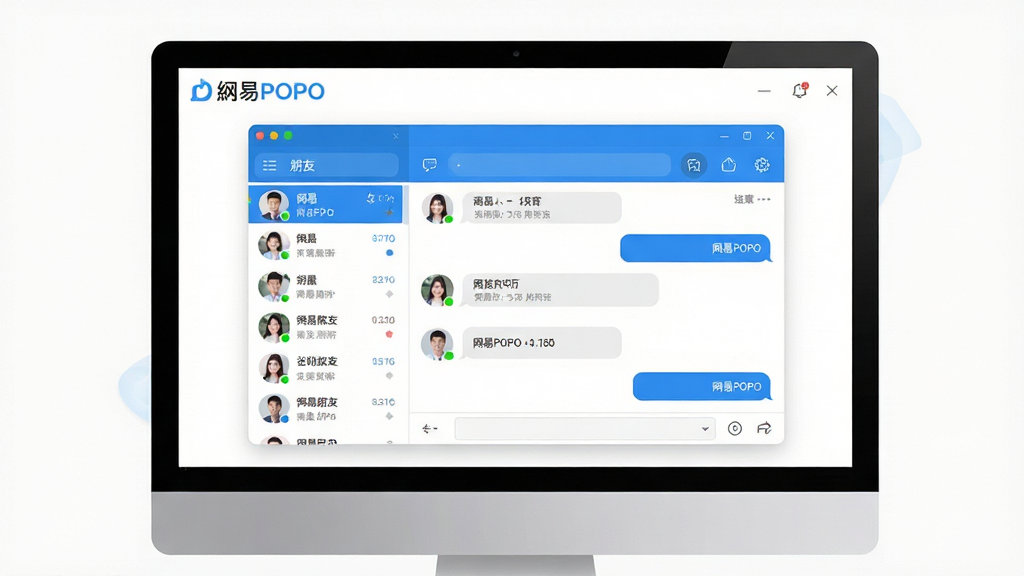主体:一款名为“网易POPO”的即时通讯软件界面,展示在电脑屏幕上;布局:屏幕中央显示简洁的聊天窗口,左侧为好友列表,右侧为对话框,整体采用蓝白配色;排版:窗口布局规整,功能图标清晰可见;风格:现代扁平化设计,界面干净明亮;细节:好友头像和消息气泡清晰,顶部显示“网易POPO”字样;画质:高清渲染,干净整洁,无多余元素。