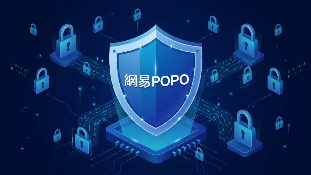 主体:网络安全防护概念图,中央有一个盾牌图标,上面写着“网易POPO”;布局:盾牌位于画面中心,周围环绕数据流和锁形图标;排版:简洁明了,突出安全主题;风格:科技感插画风;细节:数据流带有加密锁标识,背景为深蓝色;画质:高清,干净,无多余元素。
