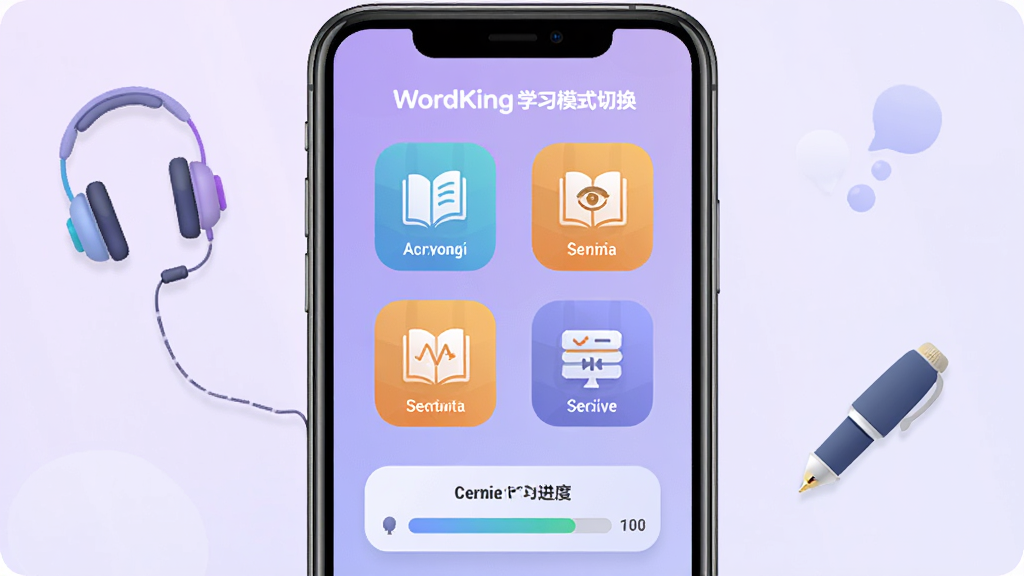 չʾWordKingѧϰģʽ�л����棬�ֻ���Ļ��ʾ����ģʽͼ��͵�ǰѧϰ���ȣ�����Ϊ����ɫ���䣬���Զ����ͱʵ�ͼ�꣬���ֶԳƣ������ã�ϸ�����������ʸɾ����޶���Ԫ��