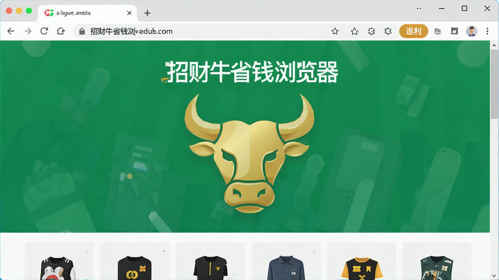 主视觉展示一款名为“招财牛省钱浏览器”的电脑软件界面,画面中央是金色牛头图标搭配绿色背景,整体布局为浏览器窗口全屏展示,顶部地址栏带有“返利”按钮,下方商品瀑布流排列,风格现代扁平化,细节清晰,画质干净无多余元素