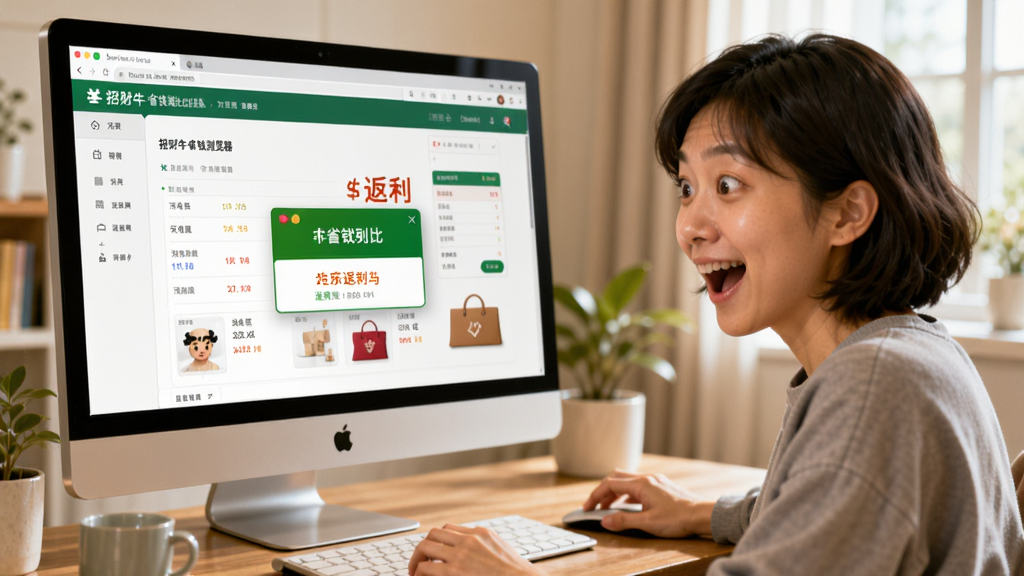 一幅电脑屏幕前用户正在使用招财牛省钱浏览器进行购物比价,屏幕上展示比价结果和返利弹窗,用户表情惊喜,场景明亮温馨,风格写实,画质高清