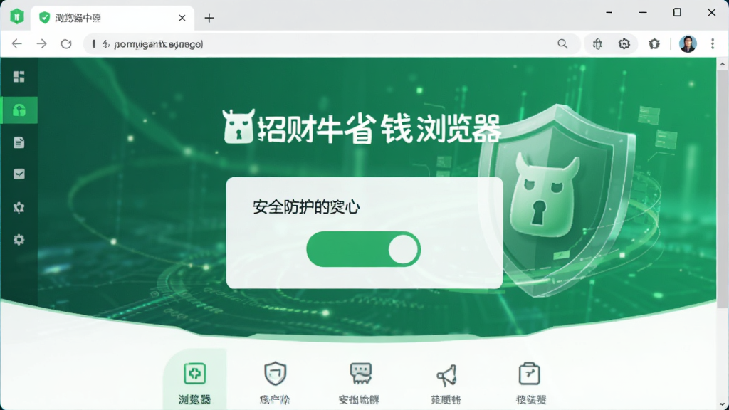 浏览器安全中心界面,展示“安全防护”功能开关,背景为盾牌图案与绿色调,界面简洁有序,搭配“招财牛省钱浏览器”字样,风格现代科技感,画质干净