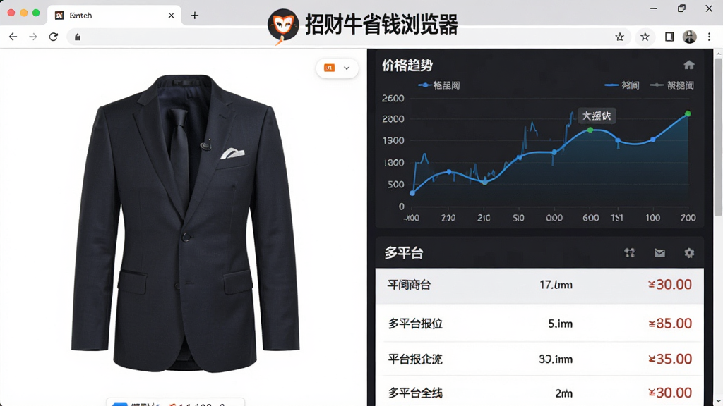 浏览器分屏展示比价结果,左侧为商品主图,右侧为价格趋势折线图和多平台报价列表,顶部标注“招财牛省钱浏览器”品牌logo,风格简洁商务,数据可视化清晰,画质细腻