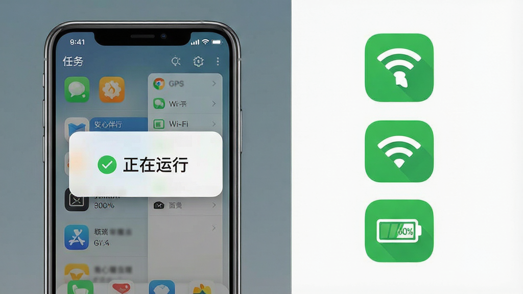 一张展示“安心伴行”软件在手机后台运行状态的示意图,画面分为两部分,左侧是一部手机,屏幕显示应用在后台任务管理器中,上方覆盖着“正在运行”的悬浮窗标识。右侧是三个小图标,分别代表GPS信号、Wi-Fi和电池电量,其中GPS和Wi-Fi图标为绿色,电量图标显示为60%。整体风格写实,画质干净,无多余元素。
