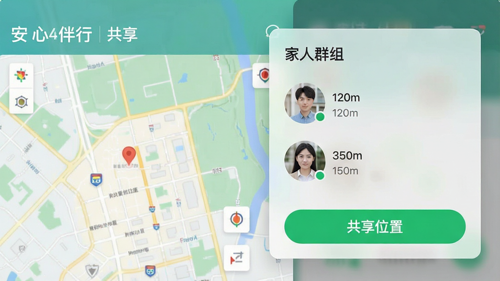一张展示“安心伴行”实时位置共享功能的界面截图,画面左侧是传统地图样式,右侧则是一个半透明的信息卡片,卡片上显示“家人群组”字样,下方排列着三个圆形头像,每个头像旁标注着距离,如“120m”、“350m”。卡片底部有一个绿色的“共享位置”按钮。整体UI设计现代,信息层级分明,色彩清新,画质干净,无多余元素。