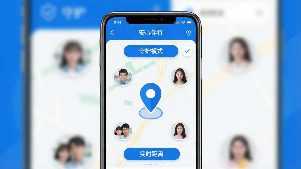 一张展示“安心伴行”软件核心界面的高清宣传图,画面中央是一部智能手机,屏幕清晰显示着地图定位界面,一个醒目的蓝色定位图标位于地图中心,周围环绕着代表家人或朋友的头像缩略图。手机背景虚化,凸显出界面上的“守护模式”按钮和实时距离数据。整体风格简洁明快,色彩以蓝色和白色为主,传达出安全、可靠、科技的品牌形象。画质高清,干净,无多余元素。