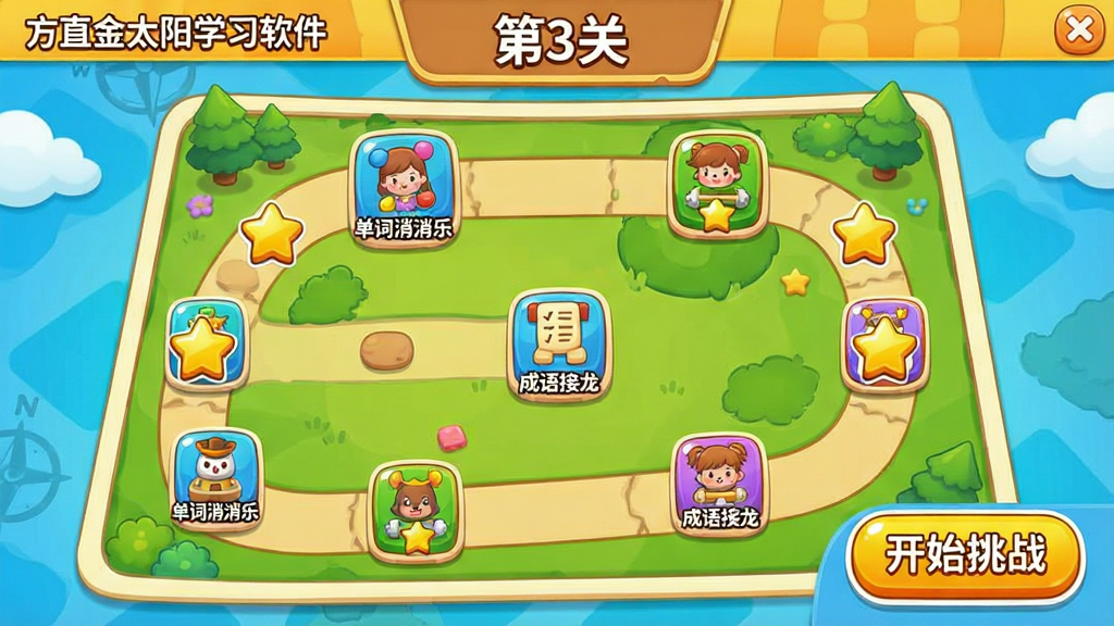 主体:方直金太阳学习软件趣味闯关游戏界面,显示关卡地图;布局:地图路径上分布多个关卡图标,右下角有“开始挑战”按钮;排版:卡通地图风格,关卡星星标记;风格:游戏化设计,色彩鲜艳;细节:关卡图标上有“单词消消乐”、“成语接龙”等文字,顶部显示“第3关”;画质:高清,干净,无多余元素
