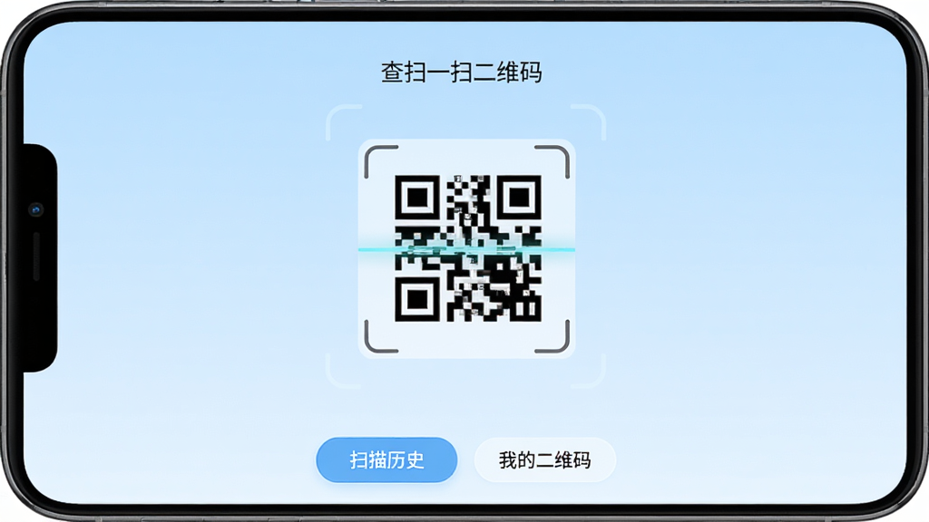 一个现代简约风格的手机应用界面截图,展示“查扫一扫二维码”软件的主页面,背景为淡蓝色渐变,中央有一个清晰的二维码扫描框,下方显示“扫描历史”和“我的二维码”两个功能按钮,界面干净整洁,文字清晰,画质高清,无多余元素,整体风格科技感与亲和力并存