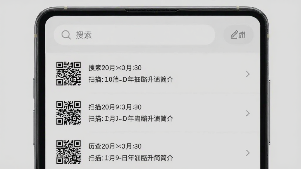 手机应用界面展示“查扫一扫二维码”的扫描历史列表,每一条记录包含二维码缩略图、扫描日期和内容简介,列表清晰有序,顶部有搜索框和编辑按钮,界面简洁,背景为浅灰色,突出历史记录的便捷管理功能,画质干净,无多余元素