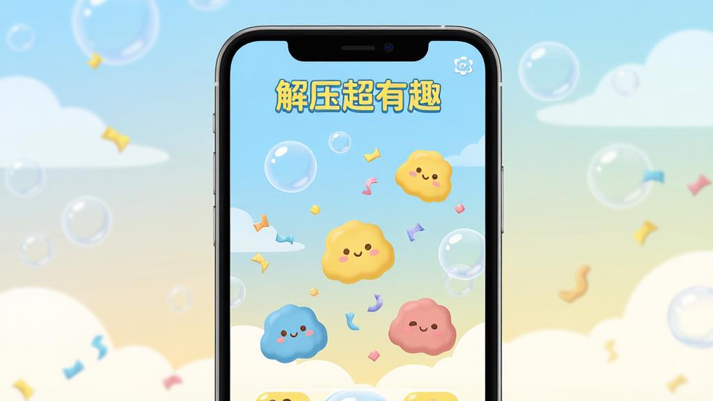 画面中央展示一部手机,屏幕上是《解压超有趣》的主界面,色彩明亮活泼,主色调为治愈系淡蓝色与明黄色,界面中有气泡、碎纸片、软泥等解压元素漂浮,背景是柔和的渐变天空,整体布局清晰,主体突出,风格为扁平化卡通插画,细节精致,画质高清干净,无多余元素,屏幕上方显示应用名称“解压超有趣”