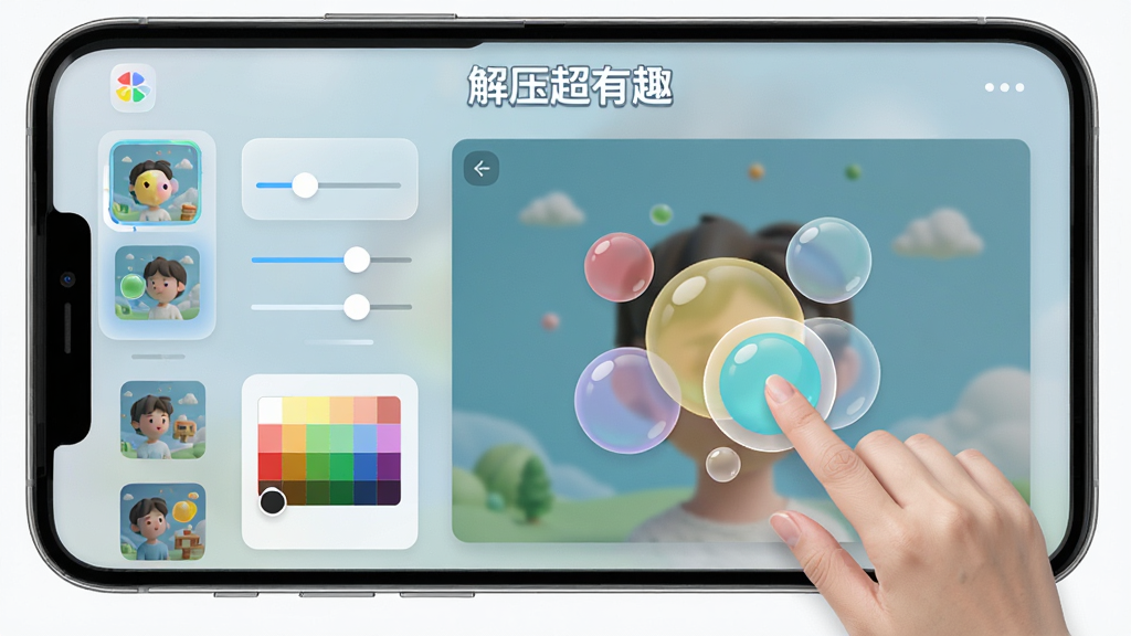 展示《解压超有趣》应用内的自定义界面,左侧是场景缩略图列表,右侧是预览大屏,用户正在拖拽调整气泡颜色,界面设计简洁,采用毛玻璃效果,主体为手机界面,布局左右对称,风格为现代简约UI设计,细节包括滑块、色板,画质高清,干净无杂物,顶部有“解压超有趣”字样