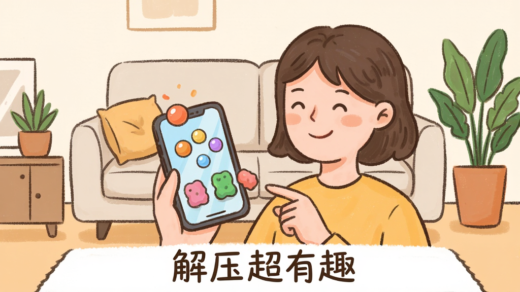 手绘风格插图,展示一个用户正在使用手机玩《解压超有趣》,手机屏幕上有彩色气泡和软泥元素,用户表情放松愉悦,背景是简约的客厅沙发,布局为人物居中,构图自然,风格为温馨手绘风,细节包括手机、沙发、绿植,画质干净清晰,无多余元素,图片底部有“解压超有趣”字样