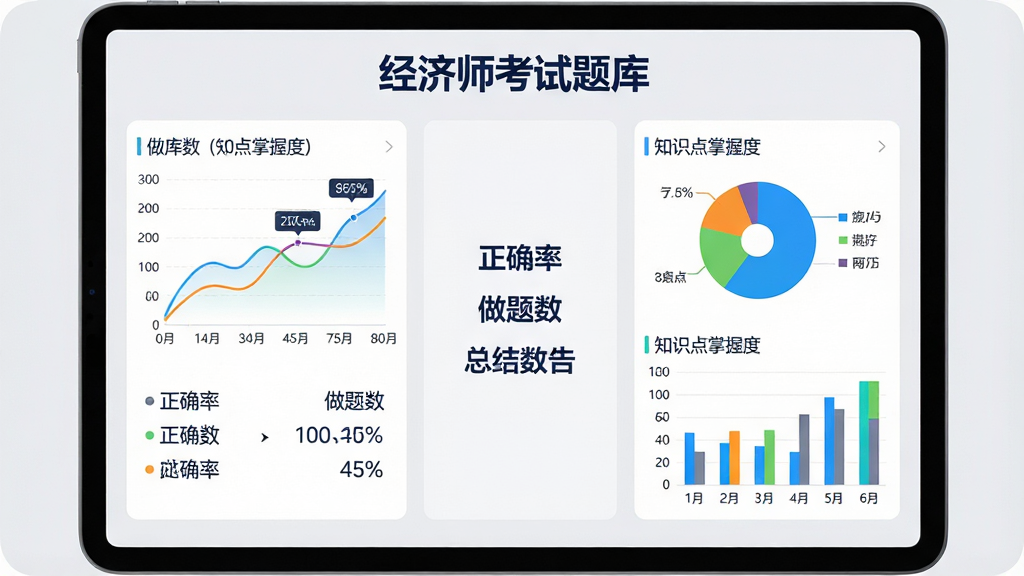 主体:平板电脑展示“经济师考试题库”的学习报告页面,包含折线图、饼图和柱状图;布局:平板横屏居中,图表分布在屏幕两侧,中央是总结数据;排版:数据可视化风格,图表颜色鲜艳但不刺眼;风格:商务简约风,背景为浅灰色,文字为深蓝色;细节:图表旁标注“正确率”“做题数”“知识点掌握度”等字样;画质:高清,干净,无多余元素。