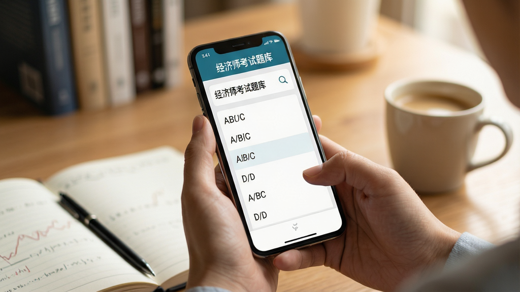 主体:用户手持手机使用“经济师考试题库”应用,屏幕显示答题界面,周围有笔记本和咖啡杯;布局:用户手部特写,手机屏幕清晰展示题目选项,背景是模糊的书桌;排版:自然生活化场景,手机界面内容突出;风格:写实摄影风格,暖色调,光线柔和;细节:屏幕上有“经济师考试题库”字样,选项A/B/C/D可见;画质:高清,干净,无多余元素。