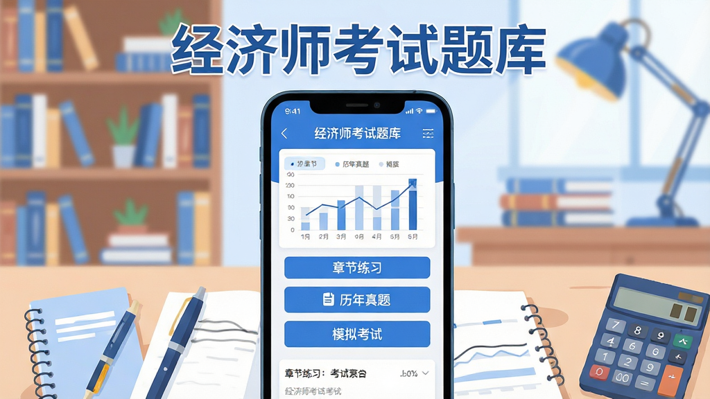 主体:一款名为“经济师考试题库”的手机应用界面展示,手机屏幕显示经济学图表和考试题目列表,背景是书架和学习场景;布局:手机居中,屏幕内容清晰可辨,周围有笔、笔记本、计算器等学习元素点缀;排版:简洁大方,突出应用名称“经济师考试题库”字样;风格:现代扁平化插画风格,色彩以蓝色和白色为主,干净明亮;细节:屏幕内展示“章节练习”“历年真题”“模拟考试”等按钮,文字清晰;画质:高清,干净,无多余元素。