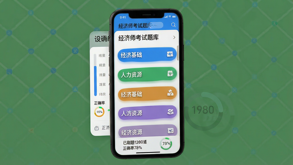 主体:手机屏幕展示“经济师考试题库”应用内的题目列表,题目上方有“经济基础”“人力资源”等分类标签;布局:手机竖屏展示,左侧有进度条和正确率统计,右侧是题目摘要;排版:列表式布局,每种分类用不同颜色区分;风格:清爽简洁的UI设计,白底蓝字,图标圆润;细节:屏幕底部显示“已刷题1280道”“正确率78%”等数据;画质:高清,干净,无多余元素。
